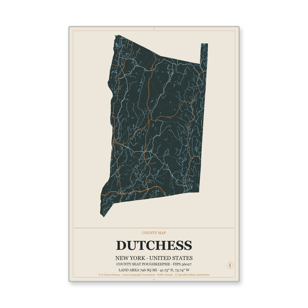 Dutchess County, New York Map Aluminum Sign in Headline Atlas style