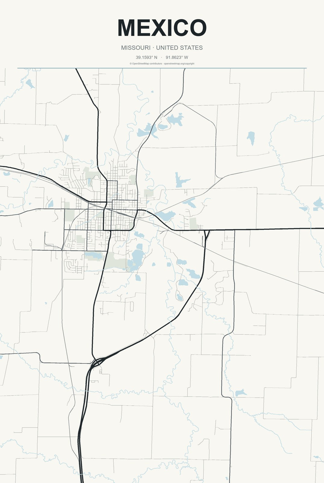 Mexico, Missouri City Map Aluminum Sign in Headline Atlas style