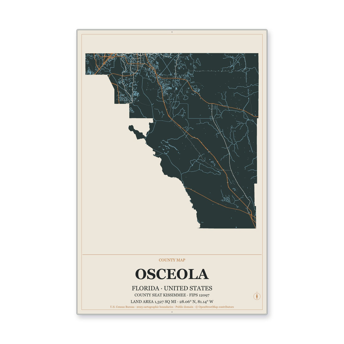 Osceola County, Florida Map Aluminum Sign in Headline Atlas style