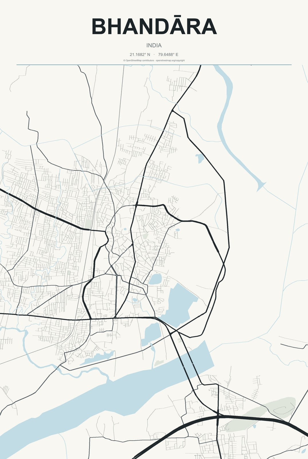 Bhandāra, India City Map Aluminum Sign in Headline Atlas style