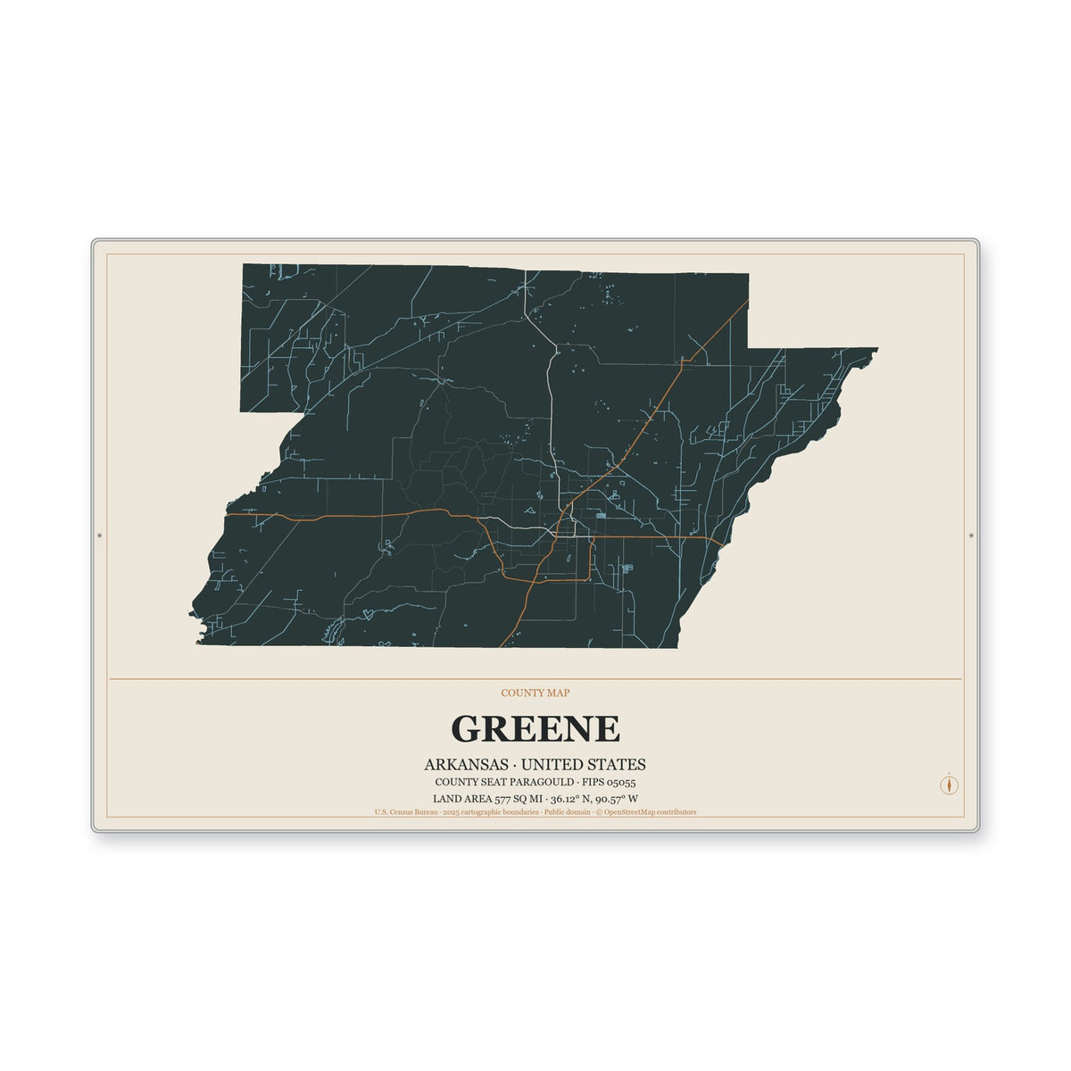 Greene County, Arkansas Map Aluminum Sign in Headline Atlas style