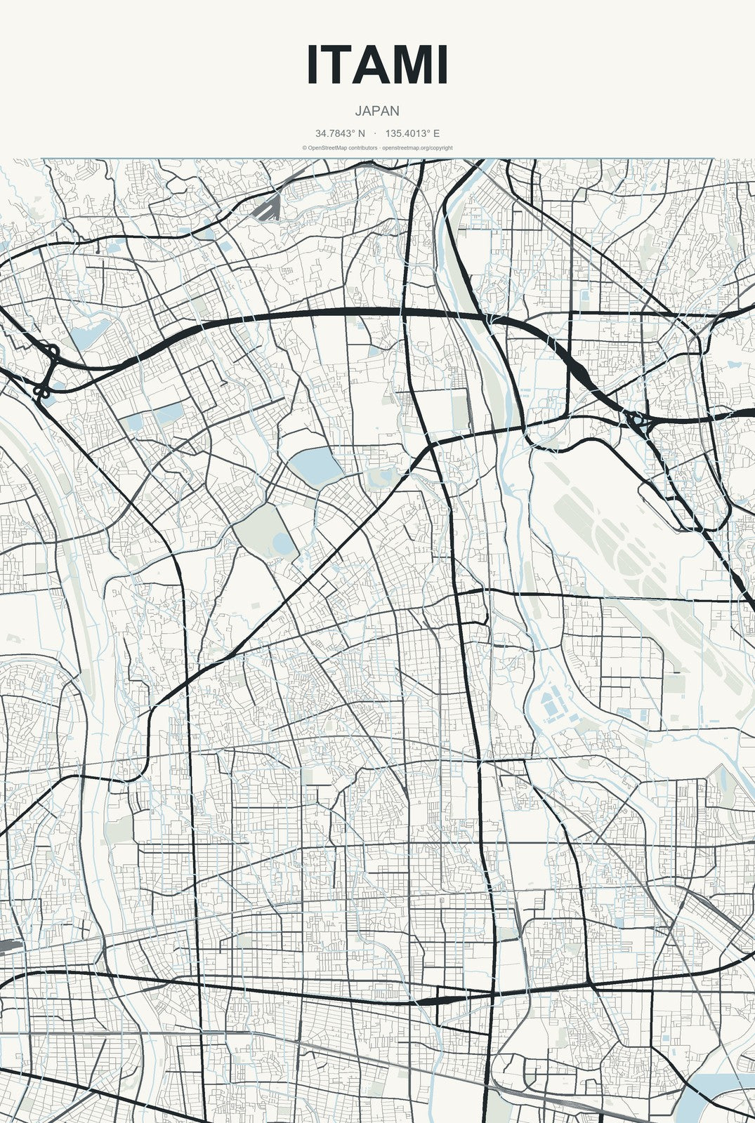 Itami, Japan City Map Aluminum Sign in Headline Atlas style