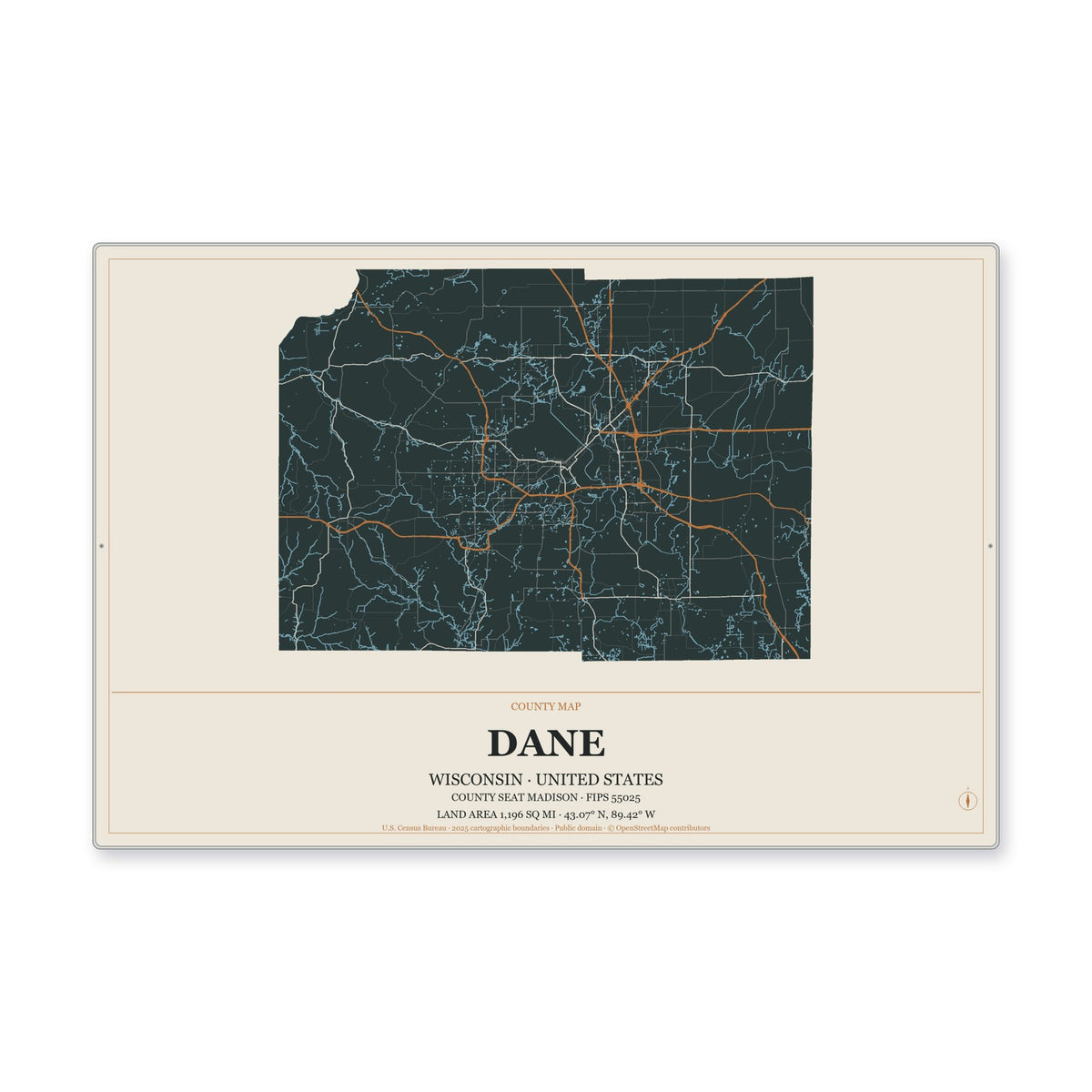 Dane County, Wisconsin Map Aluminum Sign in Headline Atlas style