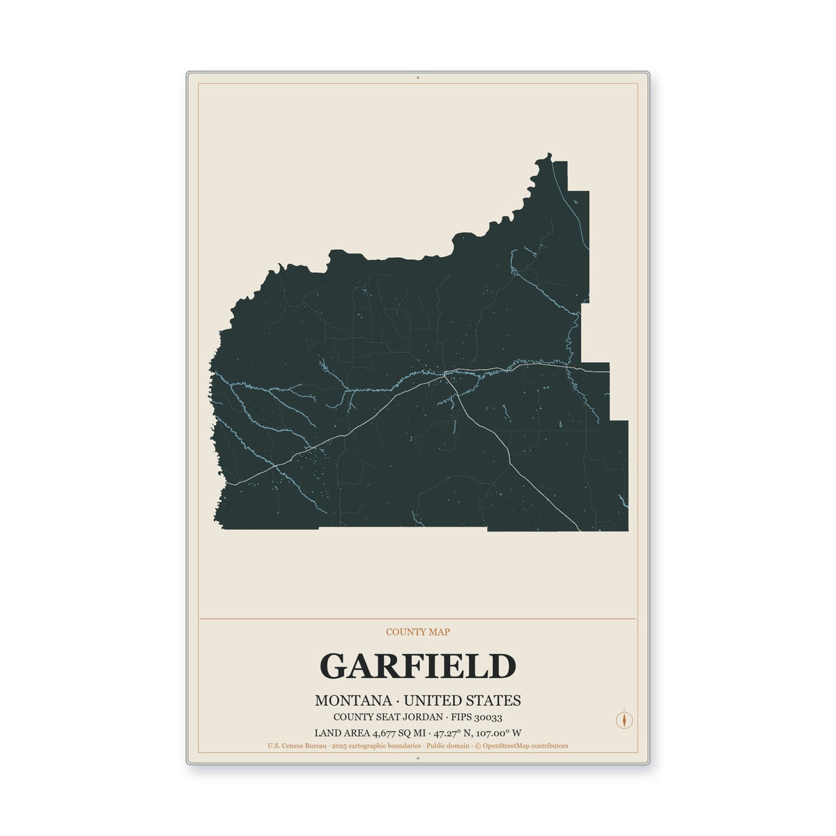 Garfield County, Montana Map Aluminum Sign in Headline Atlas style