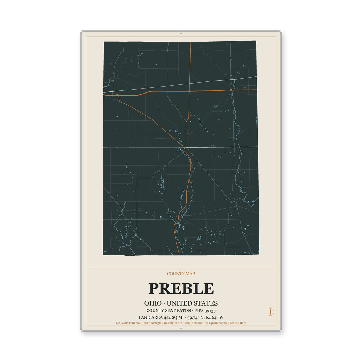 Preble County, Ohio Map Aluminum Sign in Headline Atlas style