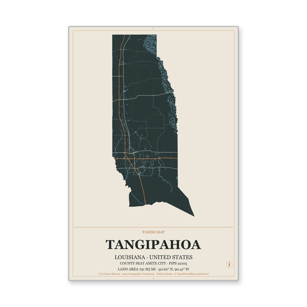 Tangipahoa Parish, Louisiana Map Aluminum Sign in Headline Atlas style