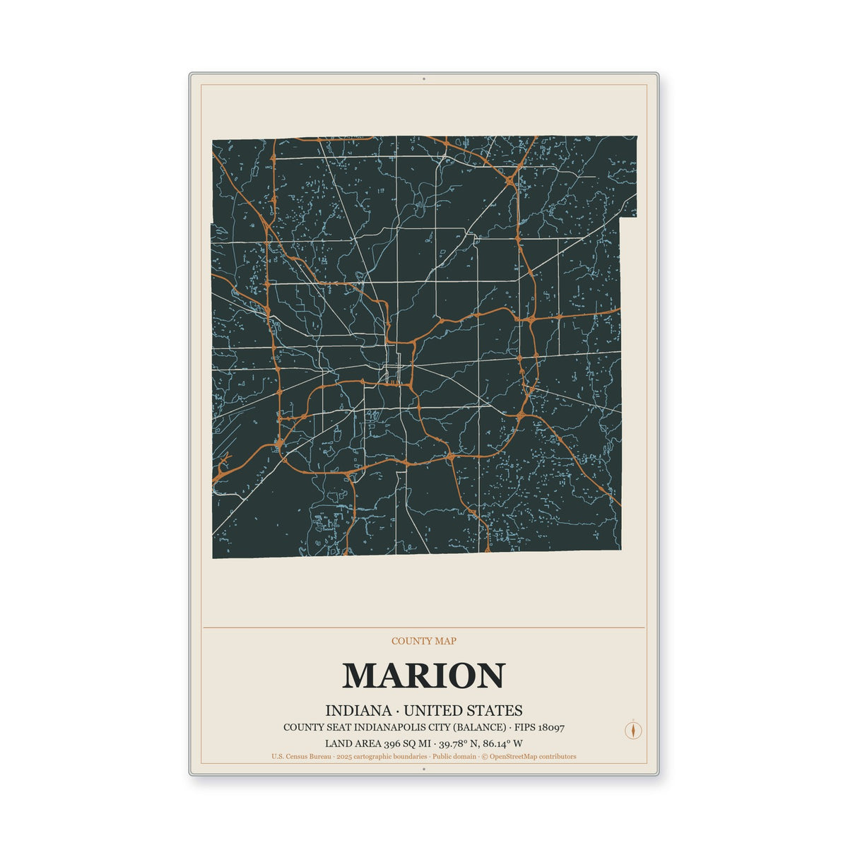 Marion County, Indiana Map Aluminum Sign in Headline Atlas style