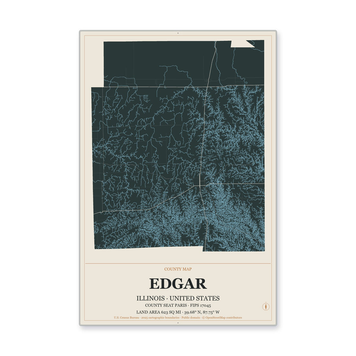 Edgar County, Illinois Map Aluminum Sign in Headline Atlas style