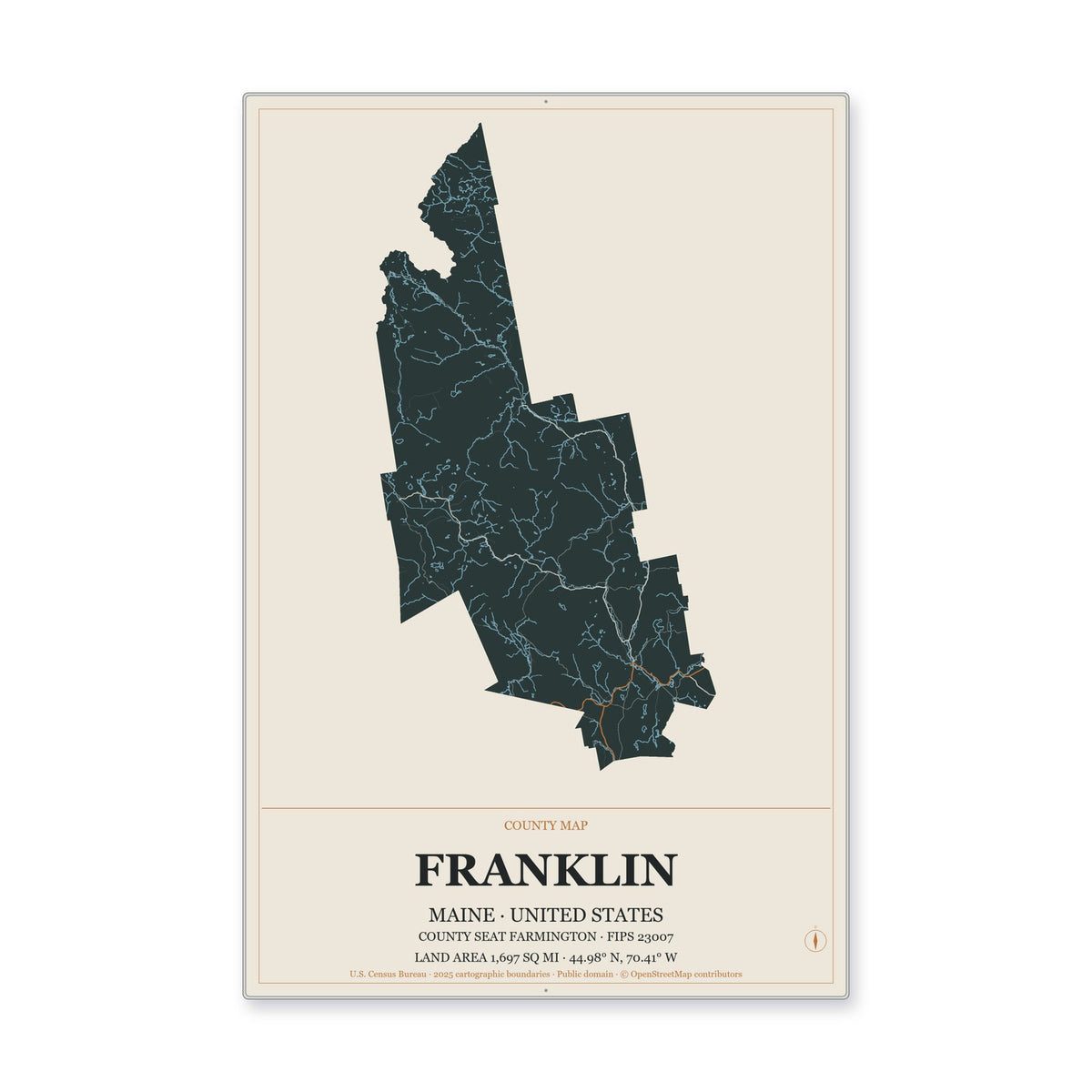 Franklin County, Maine Map Aluminum Sign in Headline Atlas style