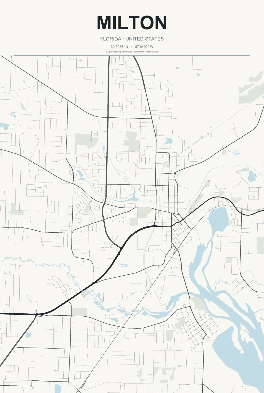 Milton, Florida City Map Aluminum Sign in Headline Atlas style