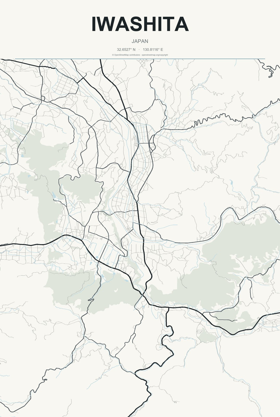Iwashita, Japan City Map Aluminum Sign in Headline Atlas style
