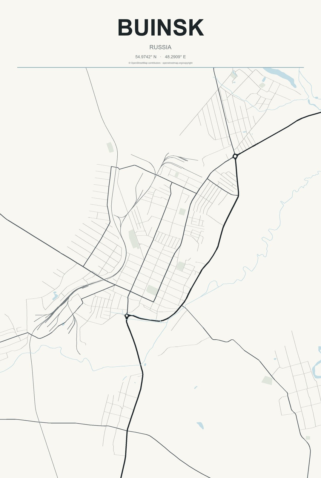 Buinsk, Russia City Map Aluminum Sign in Headline Atlas style