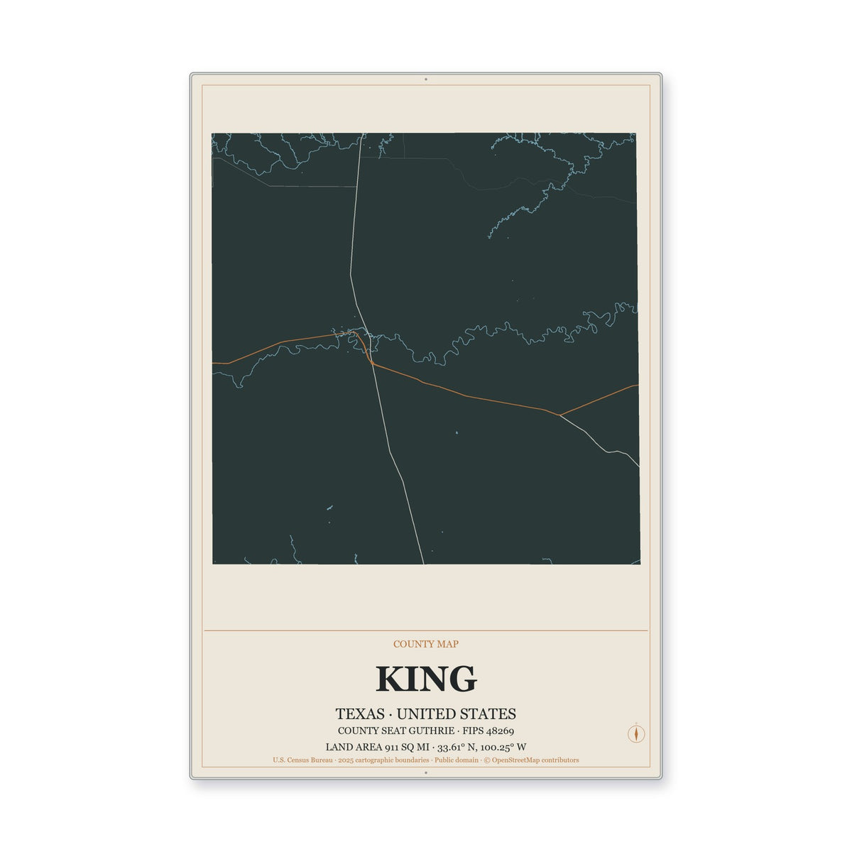 King County, Texas Map Aluminum Sign in Headline Atlas style