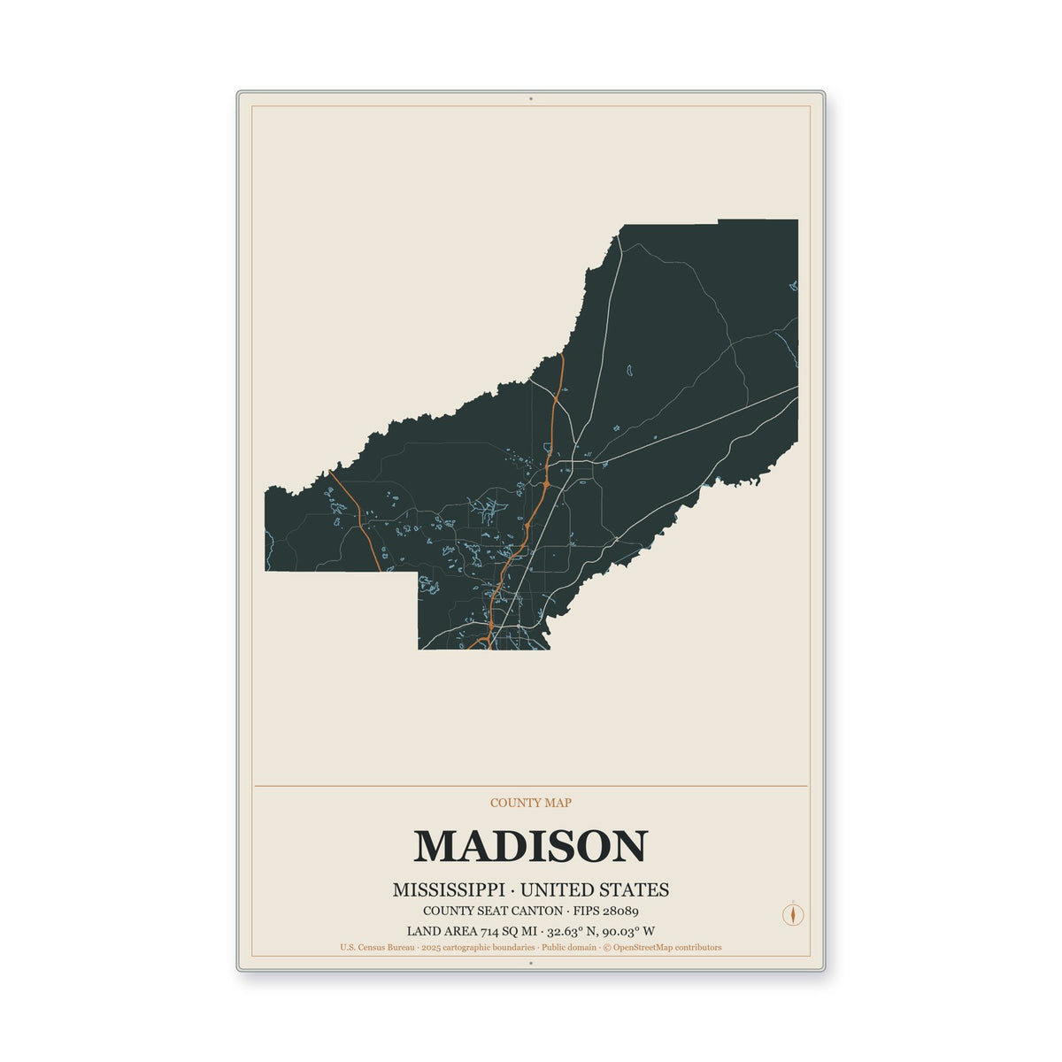 Madison County, Mississippi Map Aluminum Sign in Headline Atlas style
