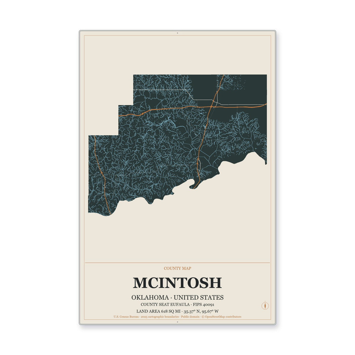 McIntosh County, Oklahoma Map Aluminum Sign in Headline Atlas style