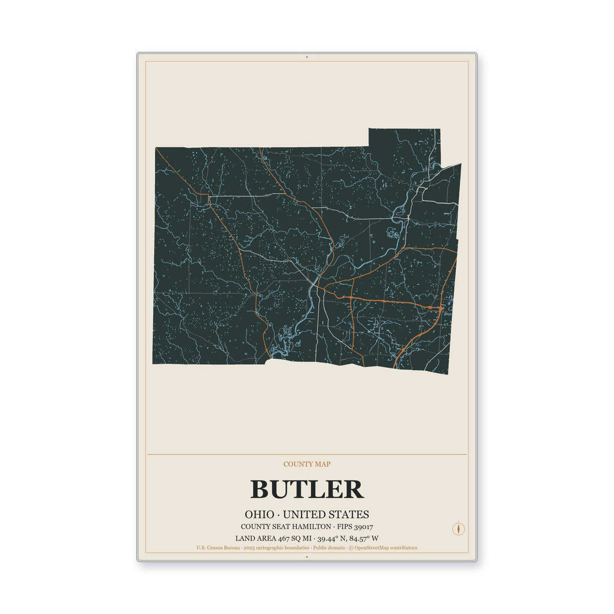 Butler County, Ohio Map Aluminum Sign in Headline Atlas style