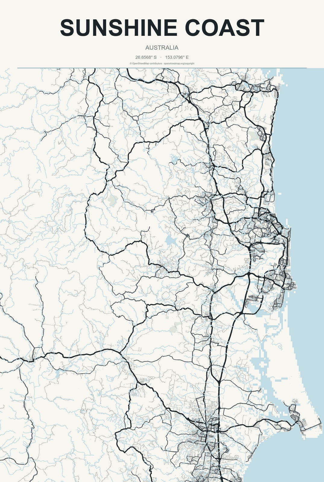 Sunshine Coast, Australia City Map Aluminum Sign in Headline Atlas style