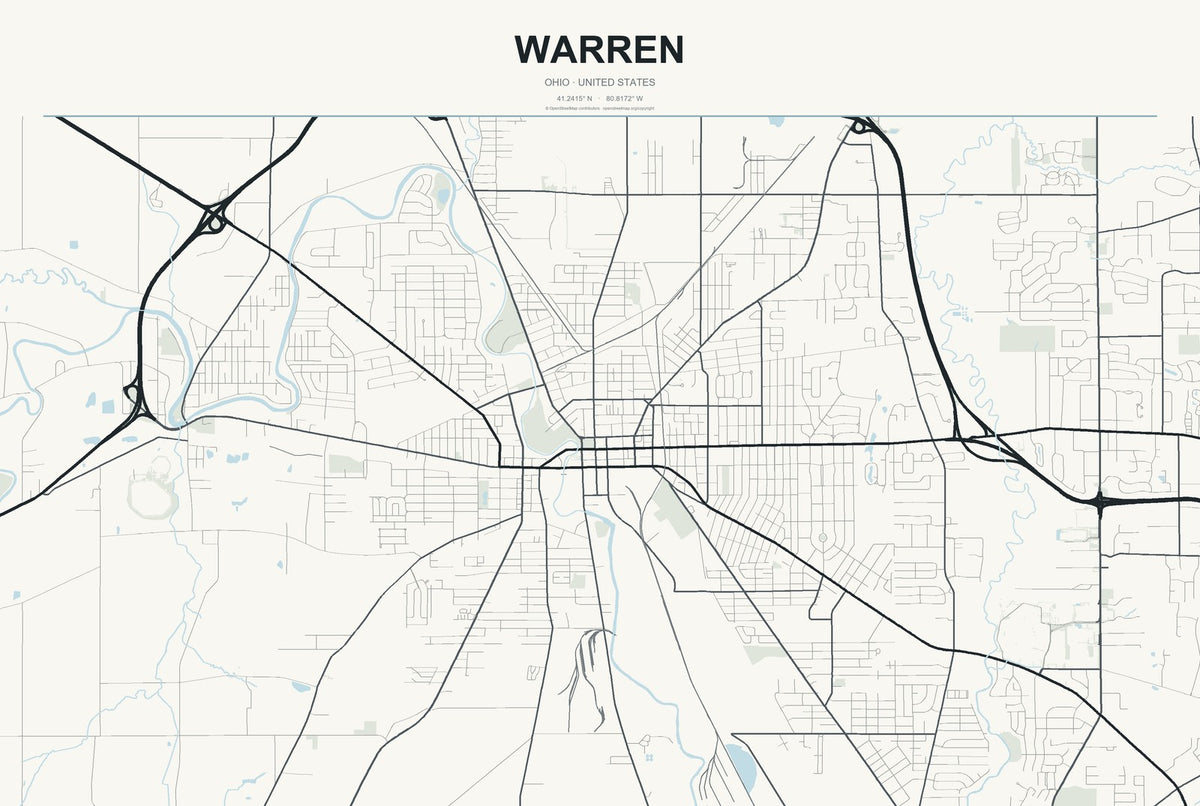 Warren, Ohio City Map Aluminum Sign in Headline Atlas style