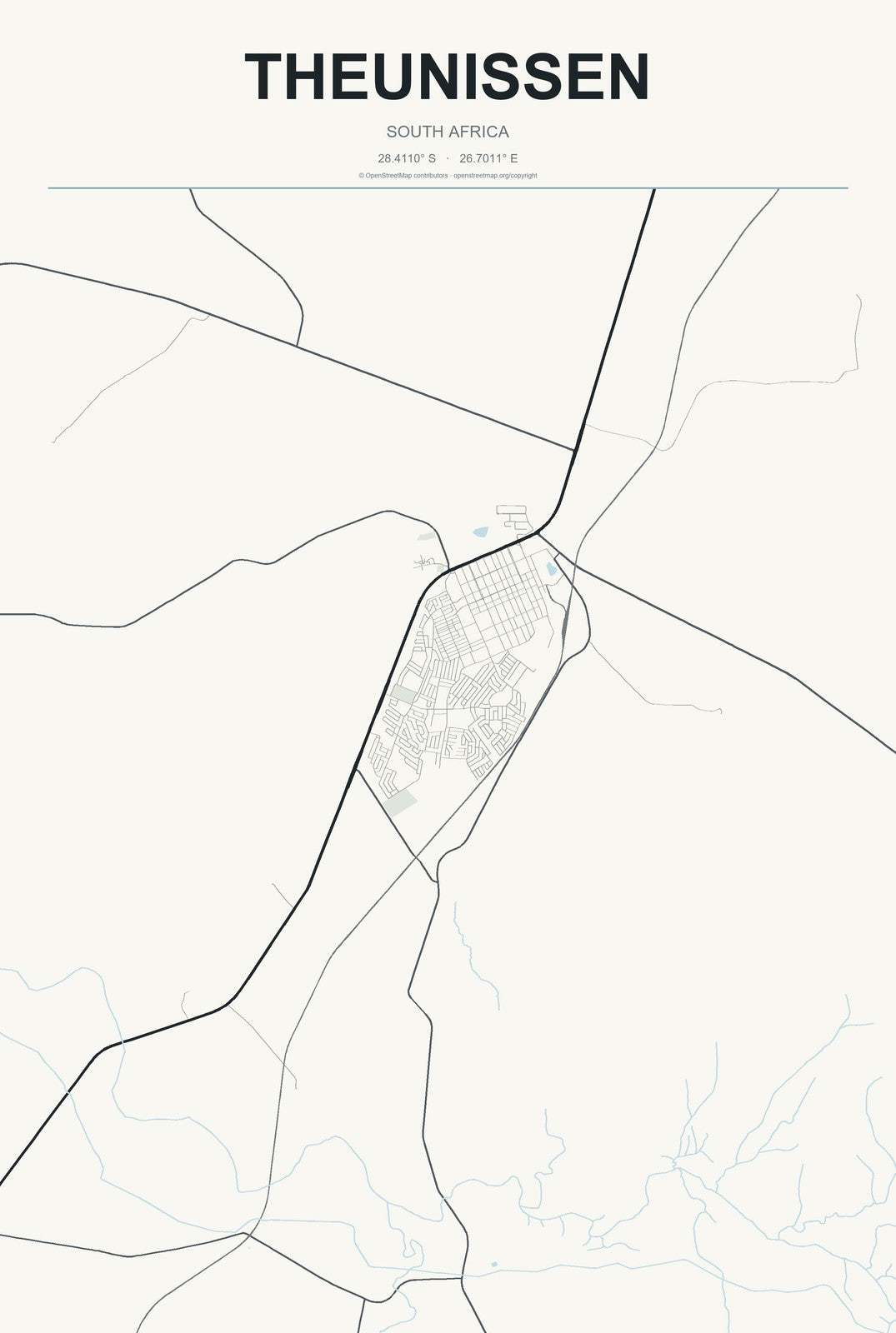 Theunissen, South Africa City Map Aluminum Sign in Headline Atlas style