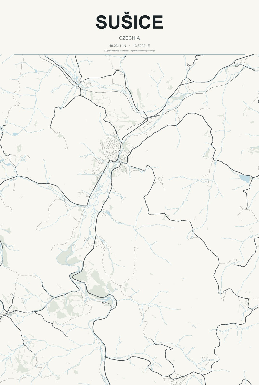 Sušice, Czechia City Map Aluminum Sign in Headline Atlas style