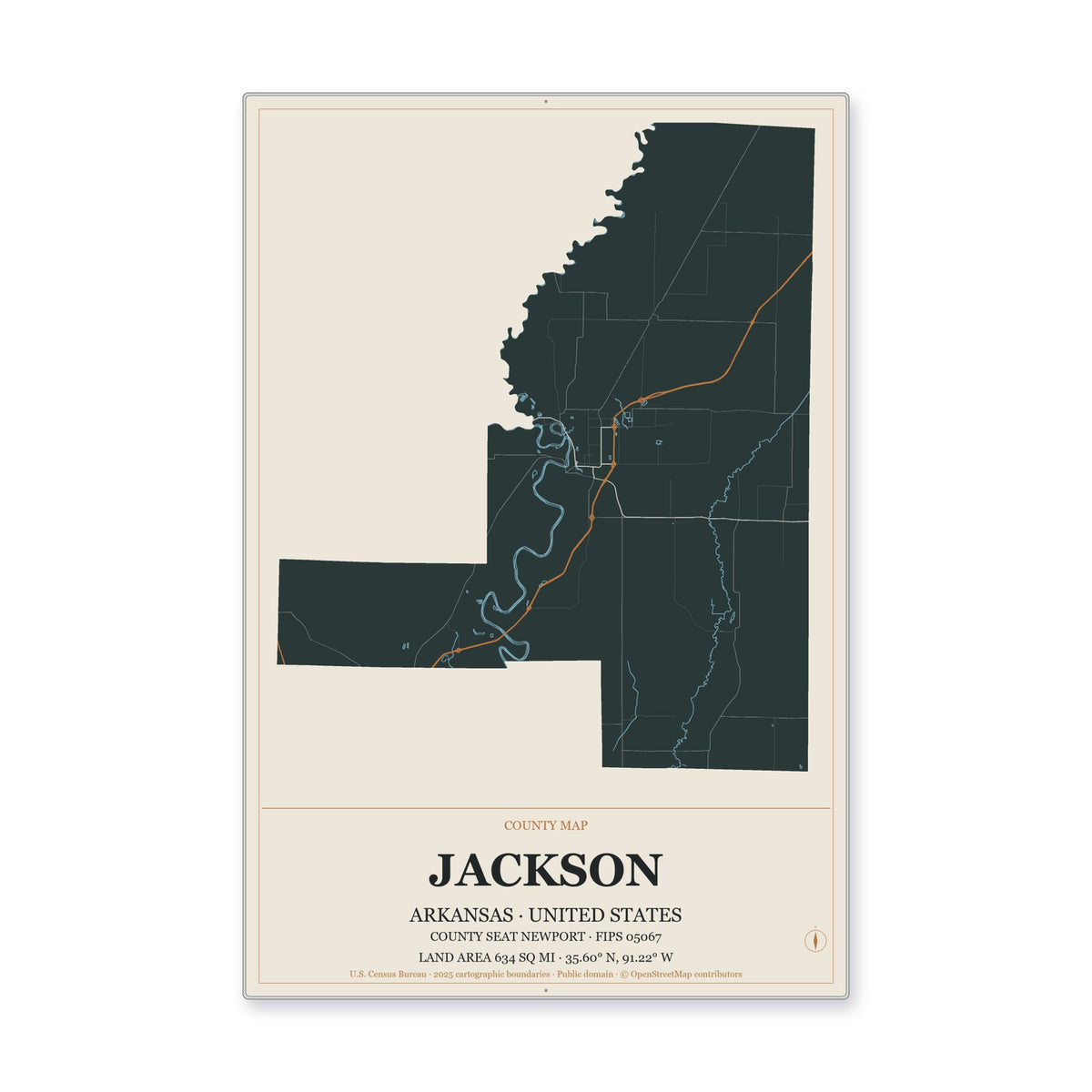 Jackson County, Arkansas Map Aluminum Sign in Headline Atlas style