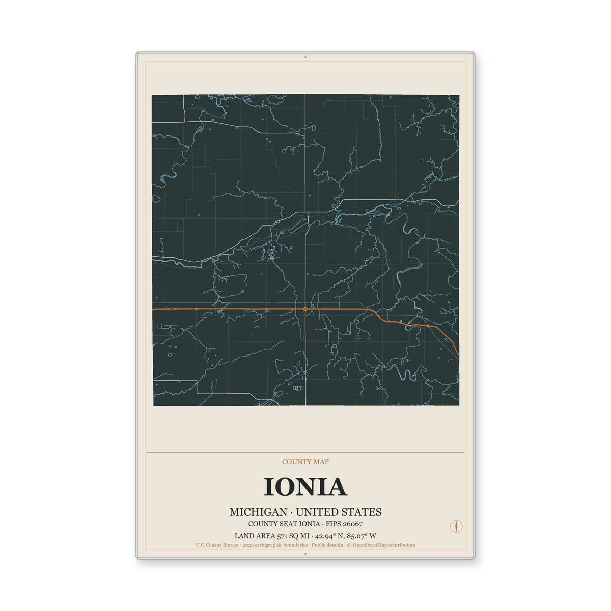 Ionia County, Michigan Map Aluminum Sign in Headline Atlas style
