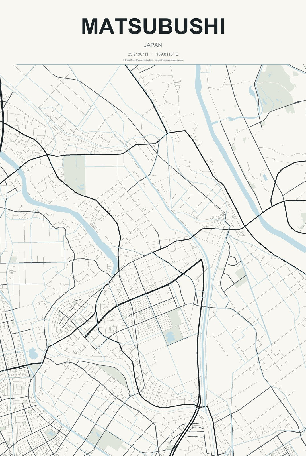 Matsubushi, Japan City Map Aluminum Sign in Headline Atlas style