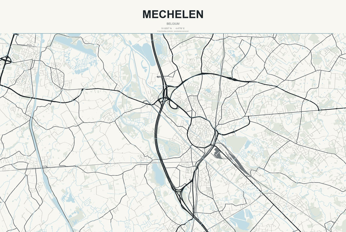 Mechelen, Belgium City Map Aluminum Sign in Headline Atlas style