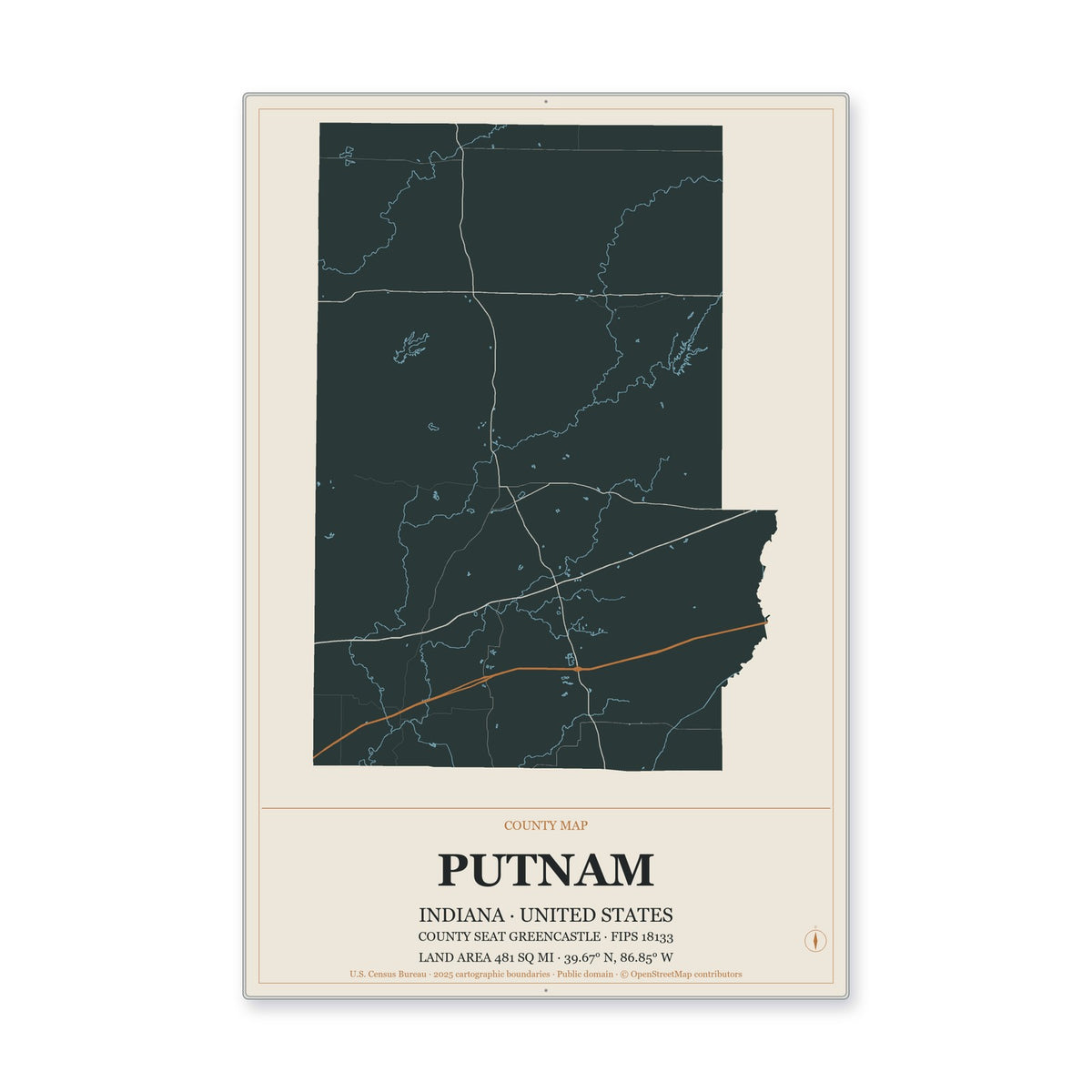 Putnam County, Indiana Map Aluminum Sign in Headline Atlas style