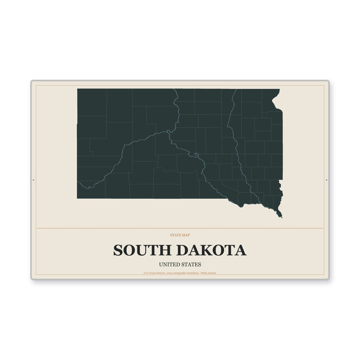 South Dakota state map aluminum sign in Headline Atlas style