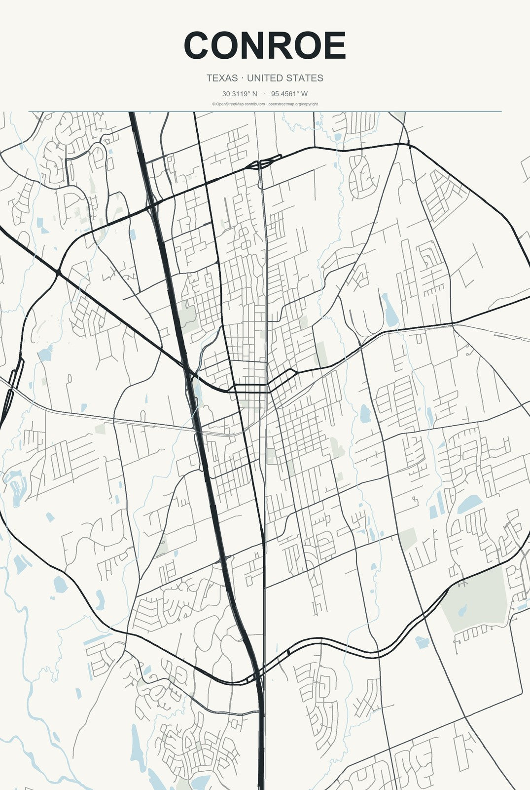 Conroe, Texas City Map Aluminum Sign in Headline Atlas style