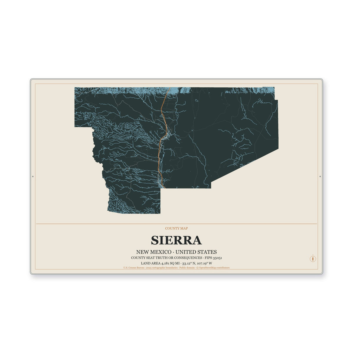 Sierra County, New Mexico Map Aluminum Sign in Headline Atlas style