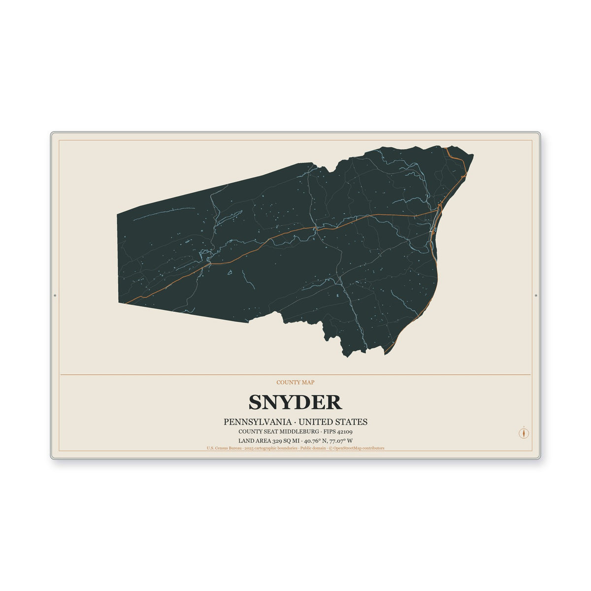 Snyder County, Pennsylvania Map Aluminum Sign in Headline Atlas style