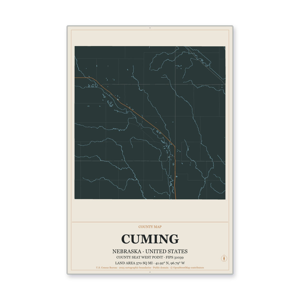 Cuming County, Nebraska Map Aluminum Sign in Headline Atlas style