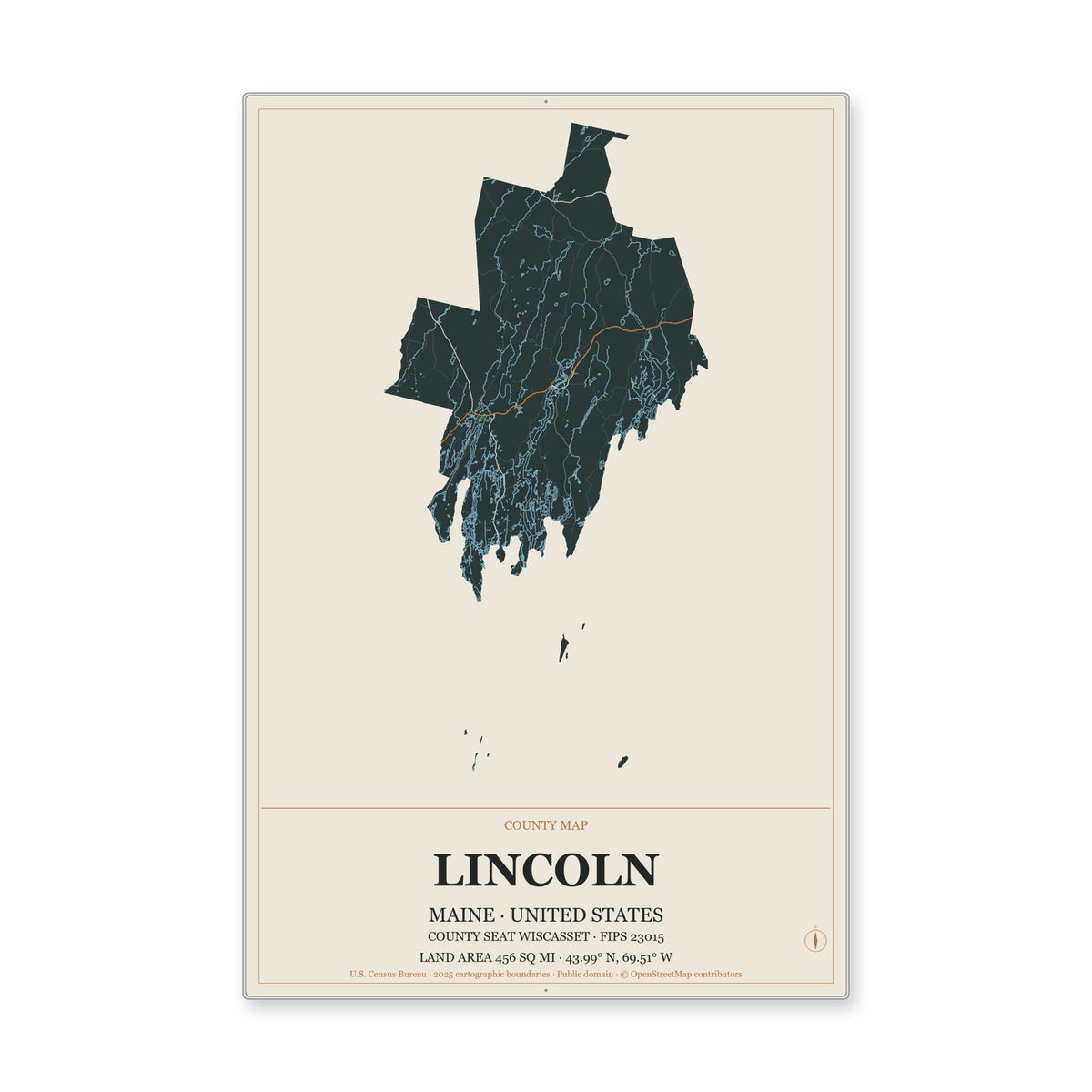 Lincoln County, Maine Map Aluminum Sign in Headline Atlas style