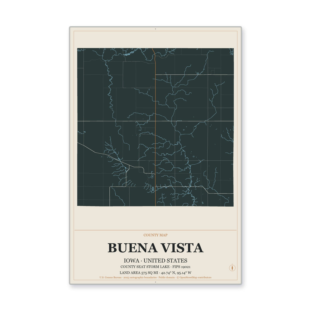 Buena Vista County, Iowa Map Aluminum Sign in Headline Atlas style