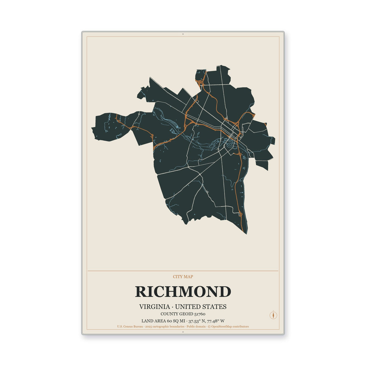 Richmond city, Virginia Map Aluminum Sign in Headline Atlas style
