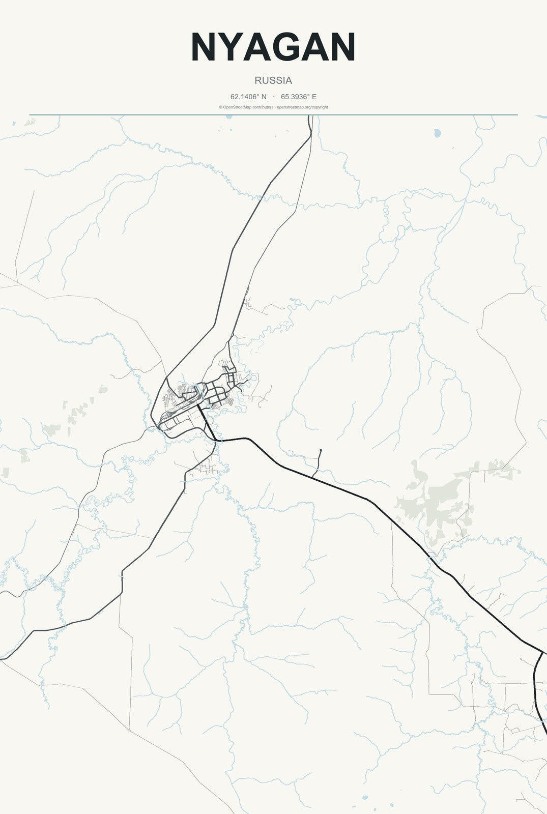Nyagan, Russia City Map Aluminum Sign in Headline Atlas style