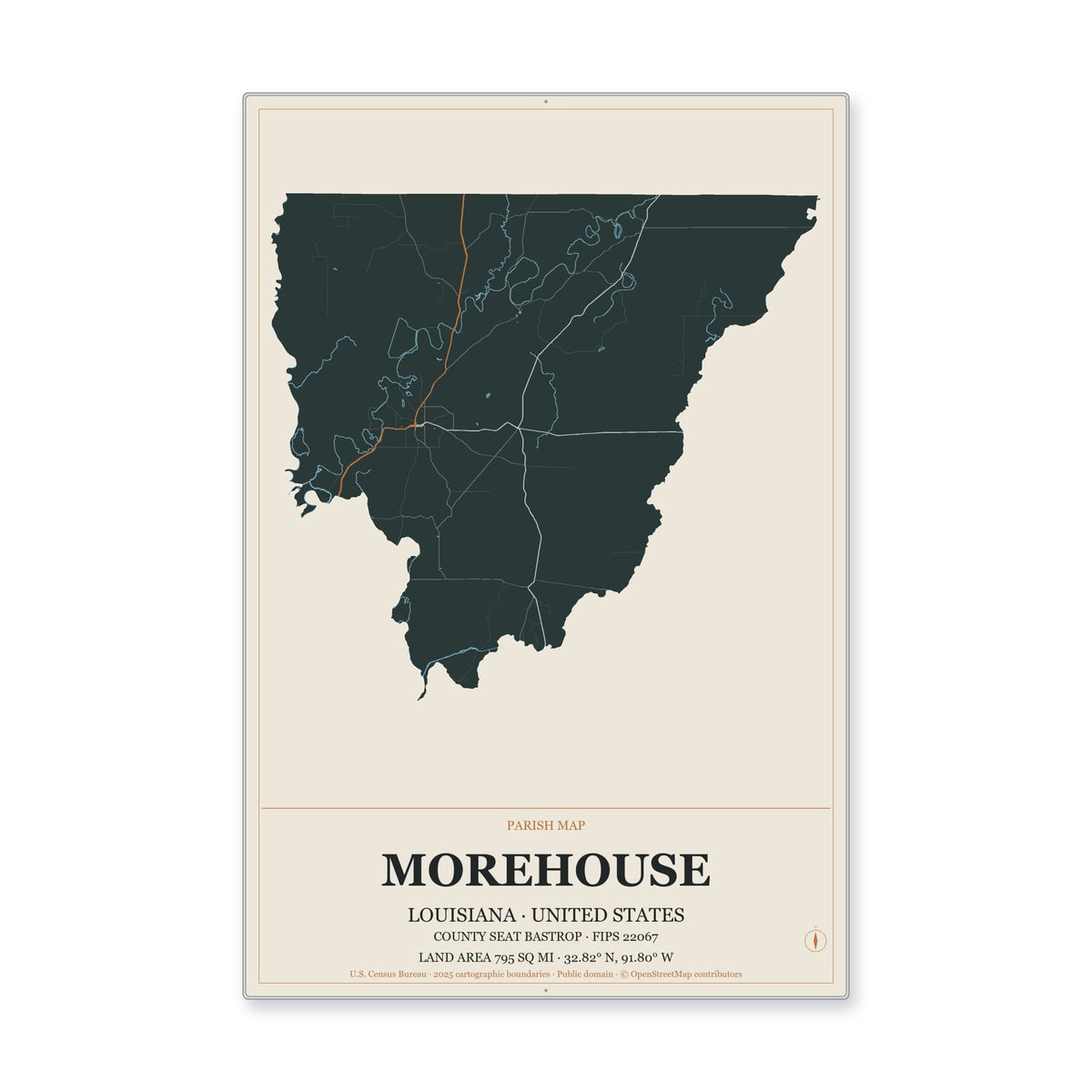 Morehouse Parish, Louisiana Map Aluminum Sign in Headline Atlas style