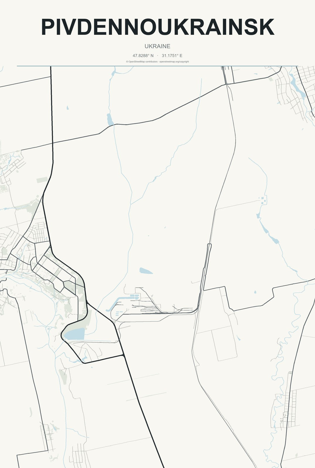 Pivdennoukrainsk, Ukraine City Map Aluminum Sign in Headline Atlas style