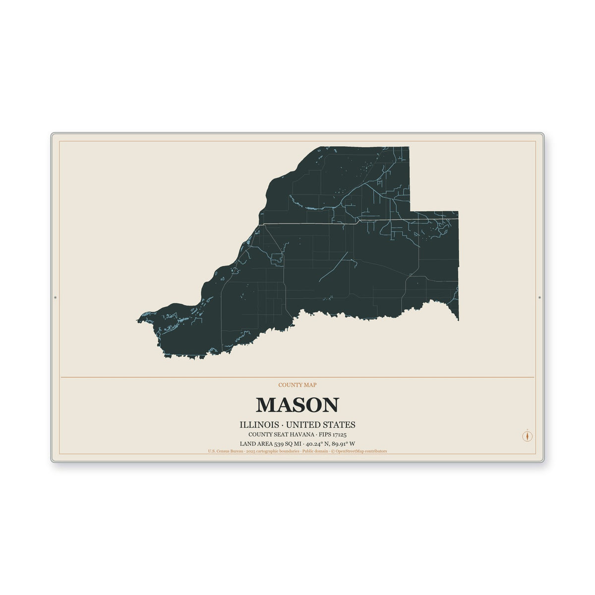 Mason County, Illinois Map Aluminum Sign in Headline Atlas style