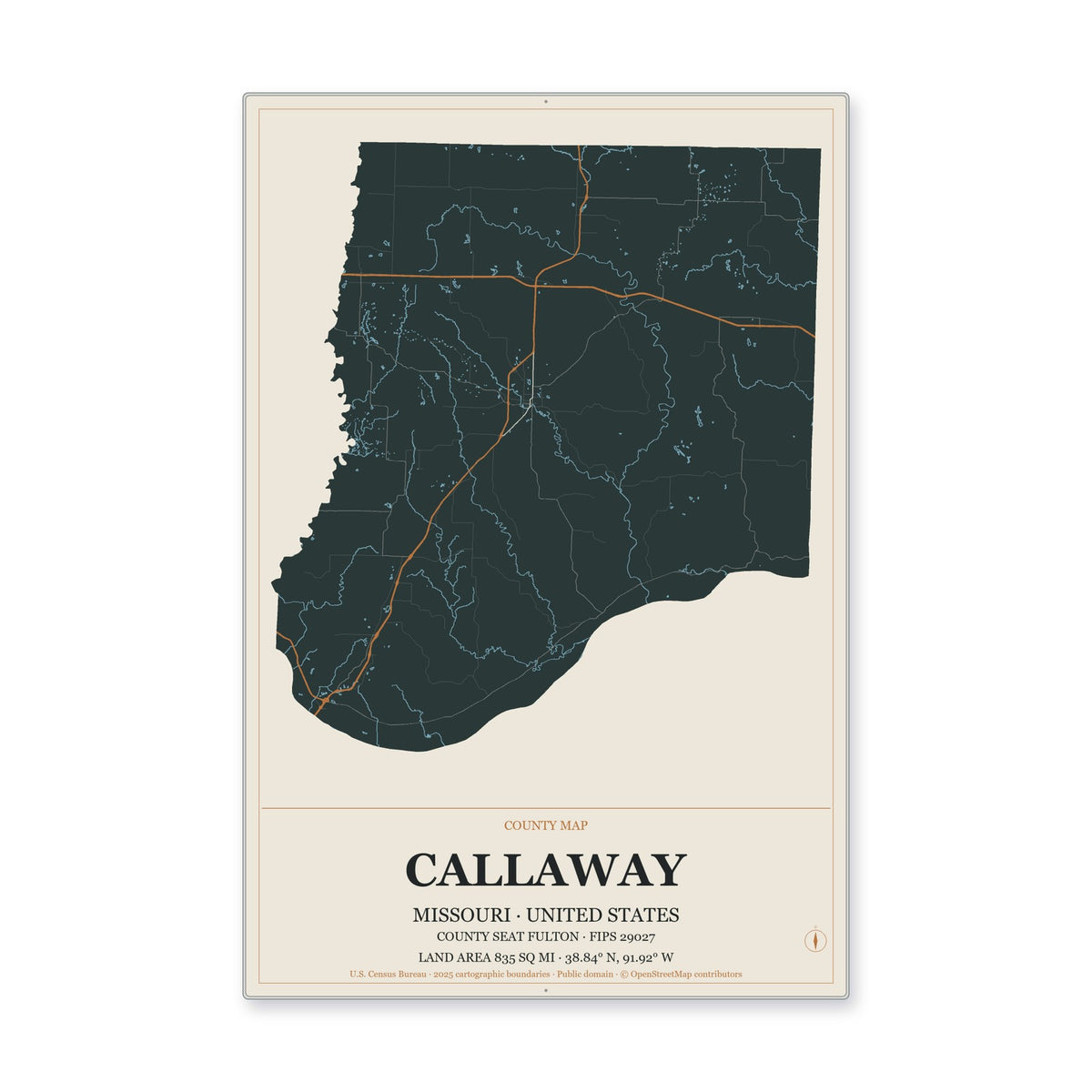 Callaway County, Missouri Map Aluminum Sign in Headline Atlas style