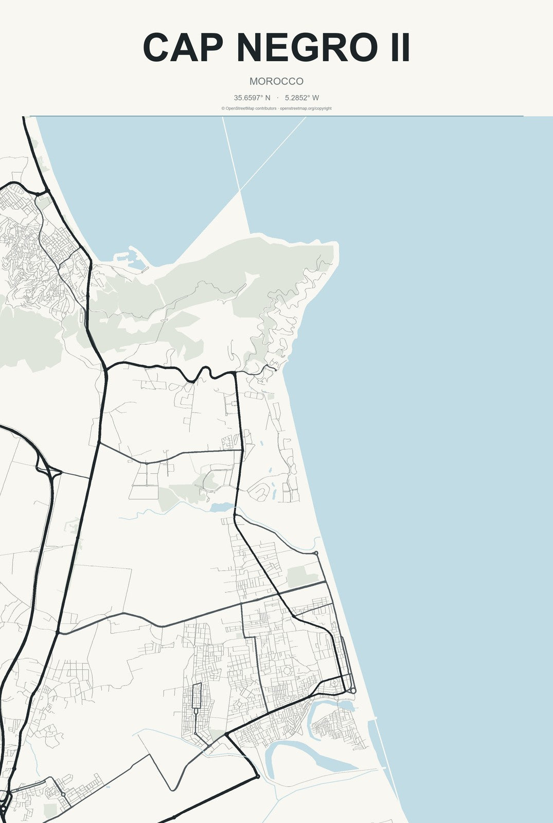 Cap Negro II, Morocco City Map Aluminum Sign in Headline Atlas style