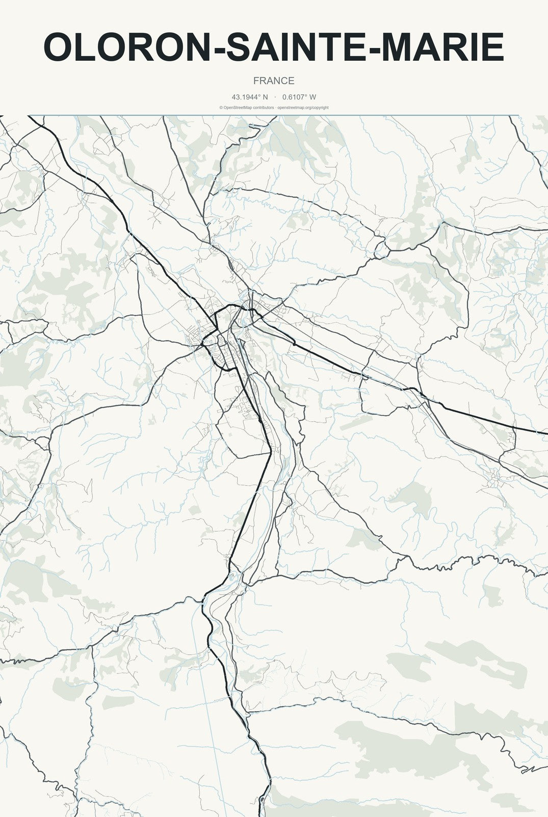 Oloron-Sainte-Marie, France City Map Aluminum Sign in Headline Atlas style