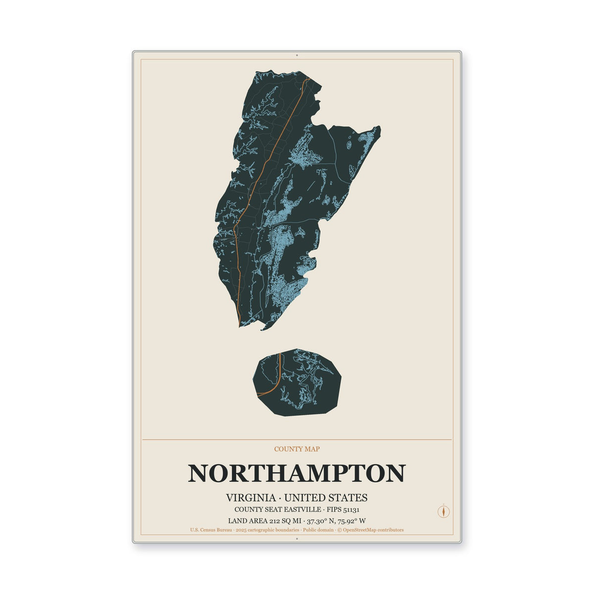 Northampton County, Virginia Map Aluminum Sign in Headline Atlas style