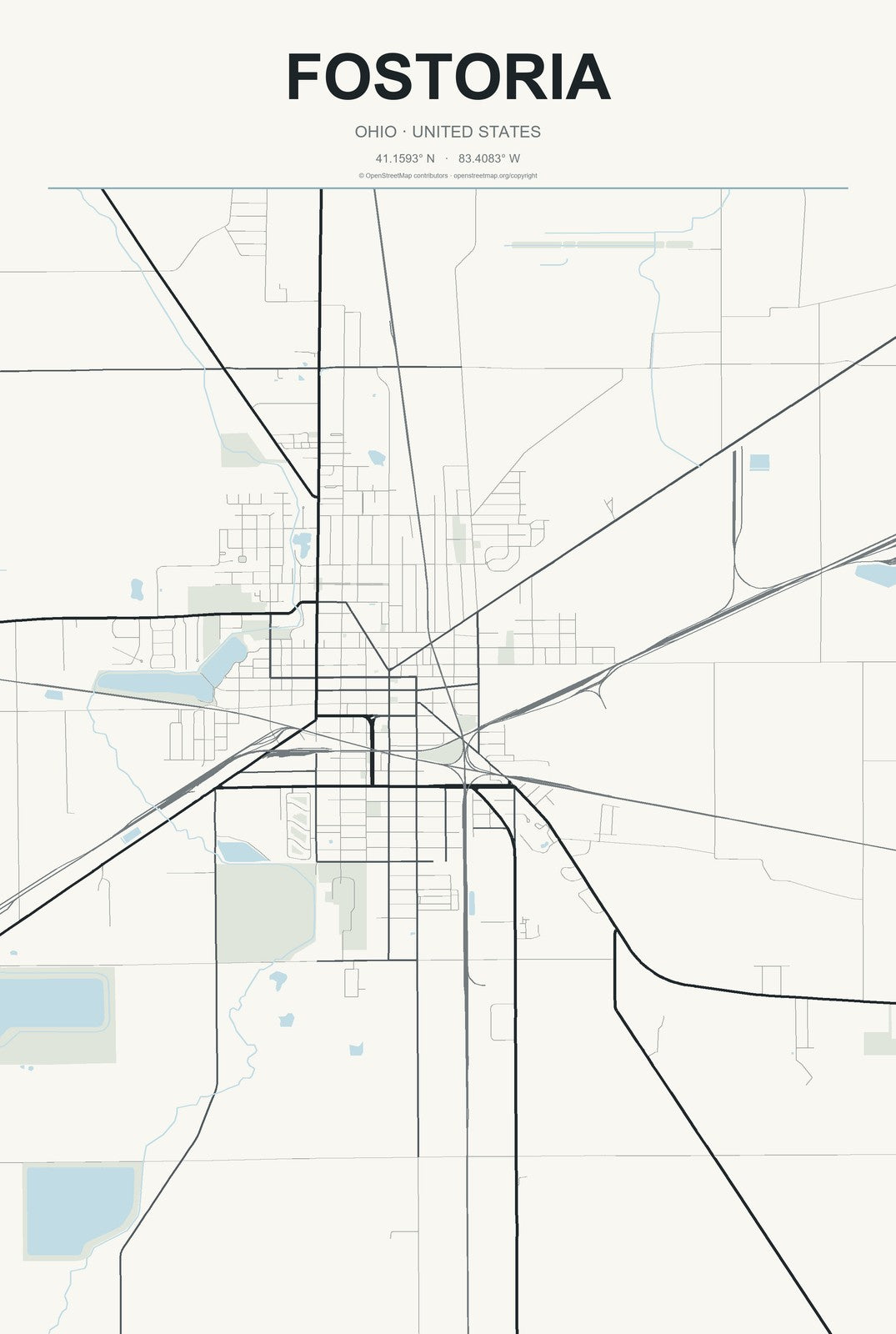 Fostoria, Ohio City Map Aluminum Sign in Headline Atlas style