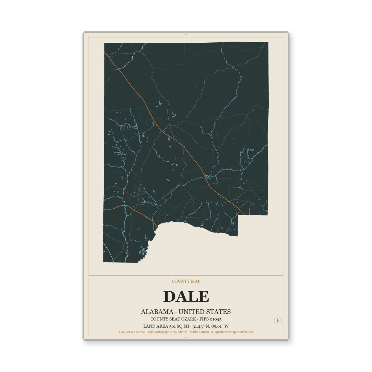 Dale County, Alabama Map Aluminum Sign in Headline Atlas style