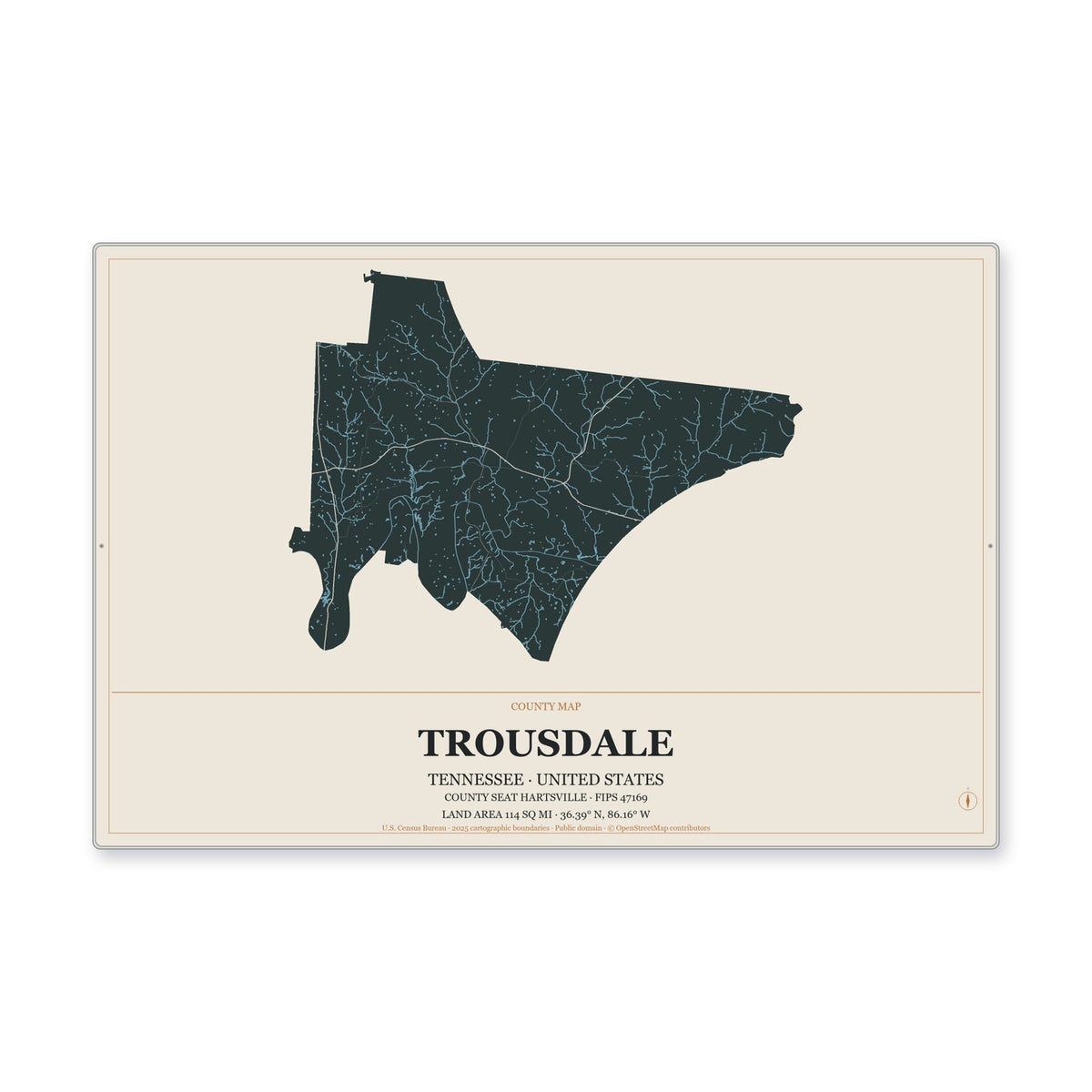 Trousdale County, Tennessee Map Aluminum Sign in Headline Atlas style