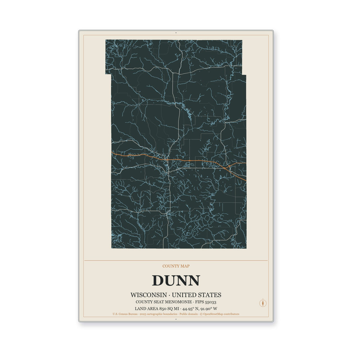 Dunn County, Wisconsin Map Aluminum Sign in Headline Atlas style