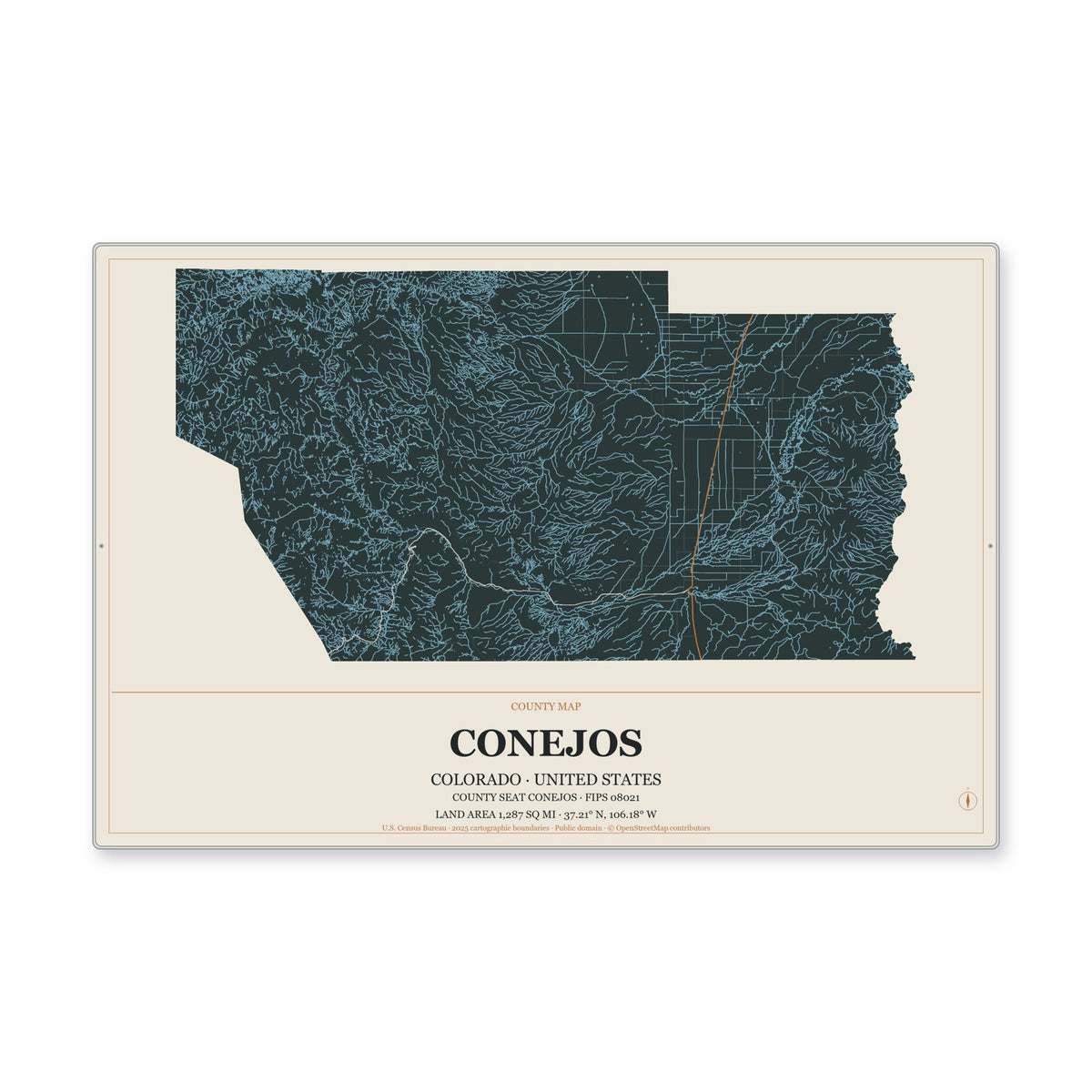 Conejos County, Colorado Map Aluminum Sign in Headline Atlas style